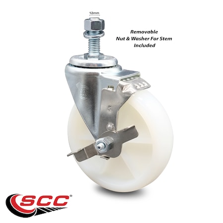 Service Caster 5 Inch Nylon Wheel Swivel 12mm Threaded Stem Caster with Brake SCC SCC-TS20S514-NYS-TLB-M1215